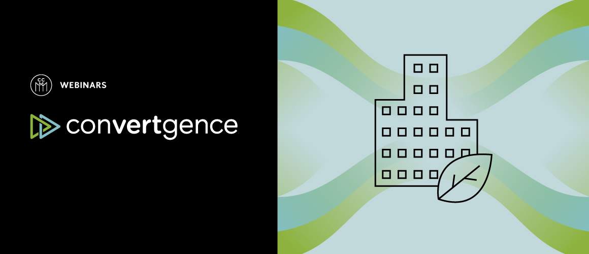 Promotional visual for the convertgence webinars, with a blue and green gradient background and the text 'Webinaires convertgence' in white