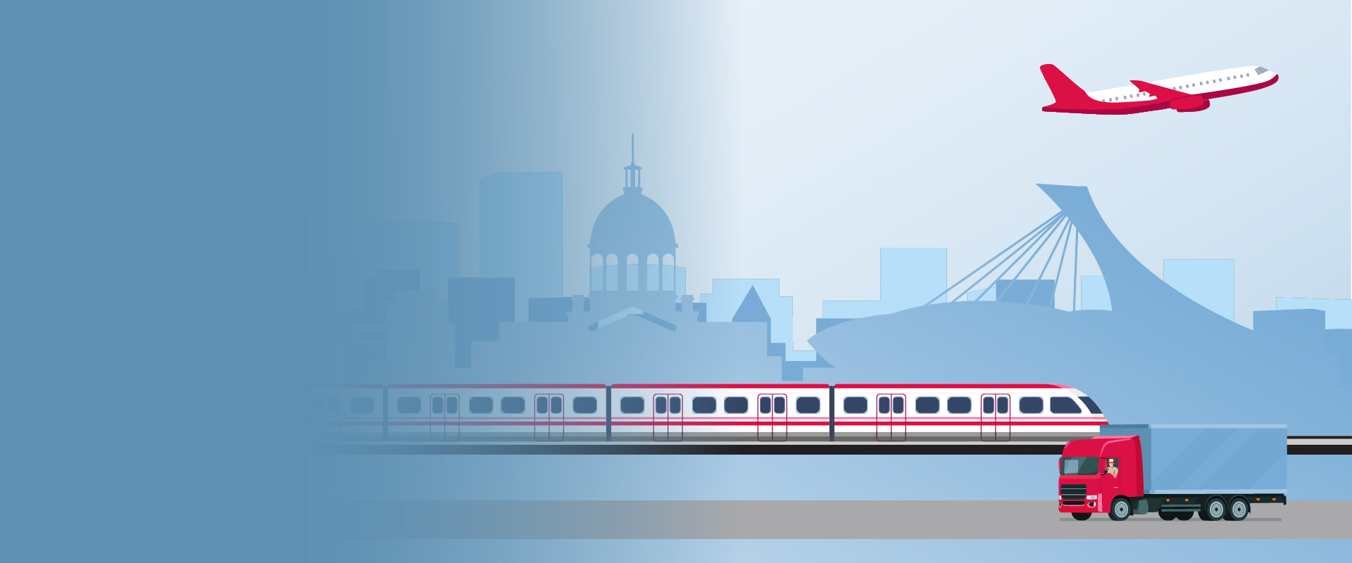 Une illustration numérique dans des tons de bleu et blanc représentant le thème du transport et des infrastructures. Au centre, un train rouge et blanc roule sur une voie. Au-dessus, un avion rouge et blanc vole, et en bas, un navire porte-conteneurs flotte. L'arrière-plan présente la ligne d'horizon de Montréal en silhouette bleue, y compris le Stade olympique et d'autres bâtiments, suggérant les transports en ville.